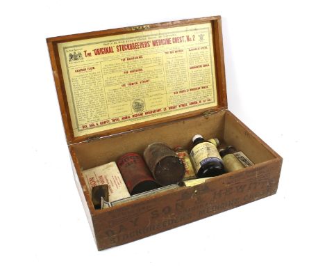 A vintage veterinary box and contents. Marked 'Day Son &amp; Hewitt's to the exterior and 'The Original Stockbreeders Medical