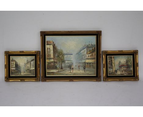 Three contemporary oil paintings, all depicting French Town scenes. Comprising an oil on canvas, 39cm x 49.5cm, an oil on boa
