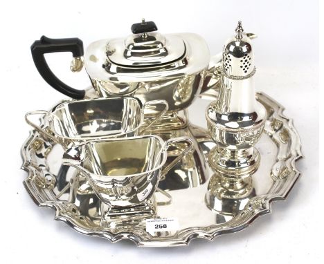 A small collection of silver-plate. Comprising, an oblong three piece tea service, a piecrust salver, diameter 37cm, and a va