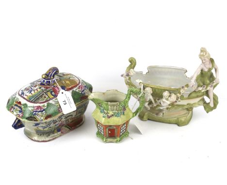Three 19th century decorative ceramic items. Including a Masons ironstone  tureen, a jug and a continental boat shaped pedest