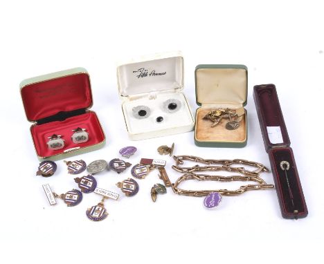 A small collection of jewellery to include a half-pearl stick pin. A pair of 1920's gold-plated expanding arm/cuff bands; var