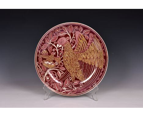 William De Morgan (1839-1917) - a good 'Frightened Bird' double lustre shallow dish or charger, 1890s, painted with an eagle 