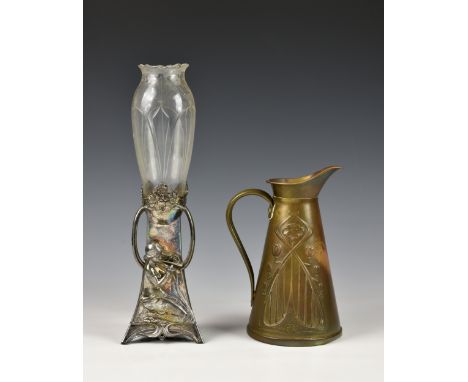 A WMF silver plated and glass flower vase, of organic form with young maiden playing pipes, signed to foot, overall height 12