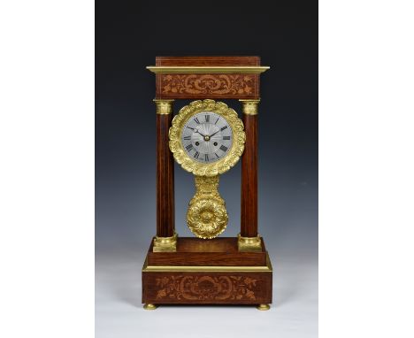 A mid-19th century rosewood, ormolu and marquetry portico clock by Leroy of Paris, the signed movement no. 515, with bell str