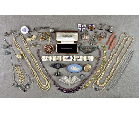 A collection of antique and vintage silver and costume jewellery, including an Art Deco silver, marcasite and faux-emerald br