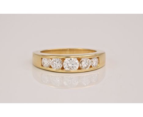 An 18ct yellow gold dress ring, inset with 5 very good brilliant cut diamonds, totalling approximately 1.00ct. Ring size L. 