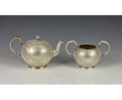 A Victorian silver teapot and sucrier, Hawkesworth, Eyre &amp; Co., Sheffield 1860, of globular form with chased foliate deco