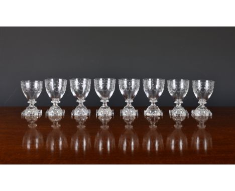 A set of eight late Georgian miniature etched rummers, with pointed ogee bowl, finely engraved with foliate and swag band, ra