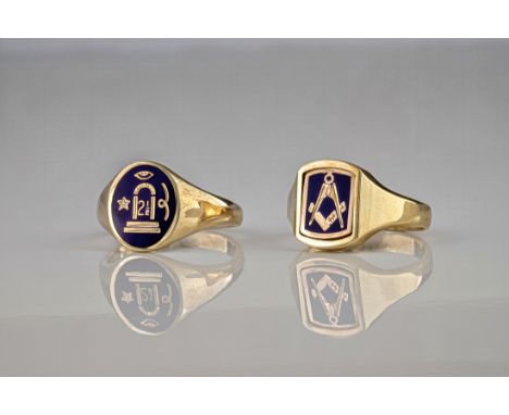 A pair of 9ct yellow gold Masonic rings, One size T, one size R (2). 