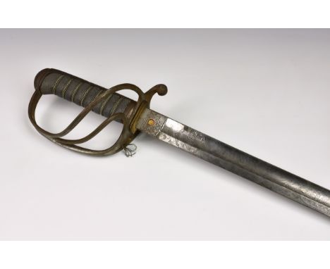 An 1822 pattern Infantry Officers sword, the single edged blade with flat edge, etched with scrolls, having VR cypher and ins