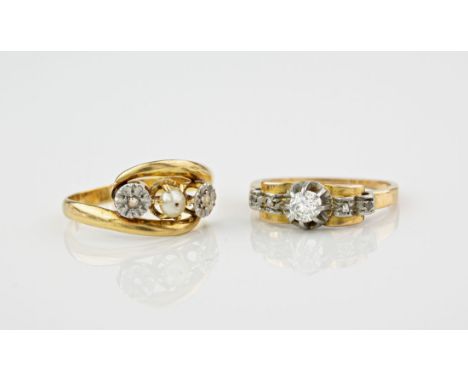 Two vintage French 18ct gold and diamond rings, one with a single brilliant cut diamond over rose cut diamond shoulders, size