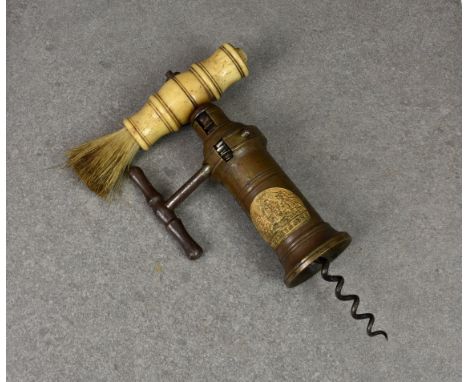A 19th century Thomason type double lever corkscrew by James Heeley, the turned bone handle with suspension loop nipple and b