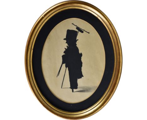 An unusual Victorian chimney sweep silhouette, the chimney sweep depicted full length with an array of tools, oval gilt frame