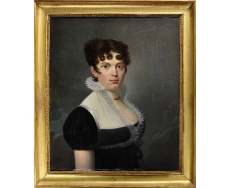 French School (early 19th century), Portrait of a lady, her centre parted hair in ringlets, dressed in a black dress with hig