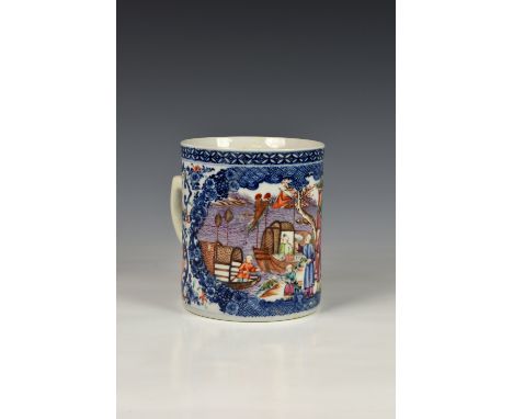 A 19th century Chinese famille rose tankard, polychrome enamel decorated with floral reserve of figures waving in boats and s