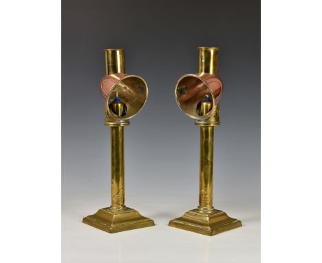 A pair of Victorian brass &amp; copper Barrett &amp; Sons reading lamp candles / student lamps, each having ornate pierced ho