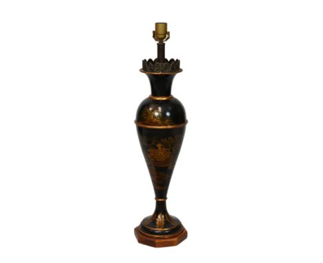 An early 19th century style toleware table lamp, late 20th century, of vase form, with painted chinoiserie decoration on a bl