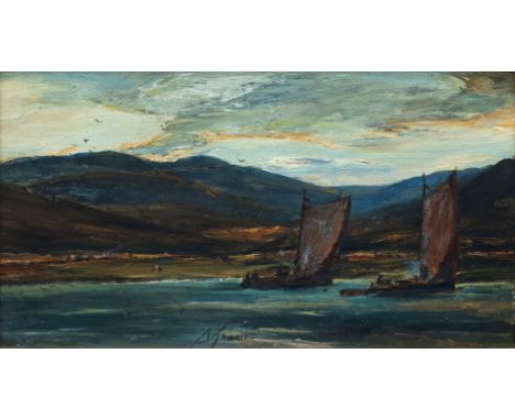Alexander R. Frazer RSA (Scottish, 1827-1899), "Evening, Loch Fyne, drifting with the tide" oil on panel, signed 'A Fraser' l