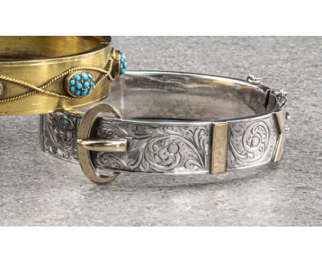 An antique 9ct gold and silver hinged bangle, with chased foliate decoration and 9ct buckle; together with an Italian silver 