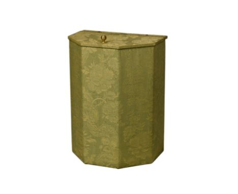 An Art Deco style linen box, modern, of canted form with a hinged lid with brass beehive handle, covered in light green flora