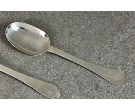 A Queen Anne Channel Islands silver trefid spoon, c.1710, maker's mark GS beneath a fleur-de-lys and coronet struck once to l