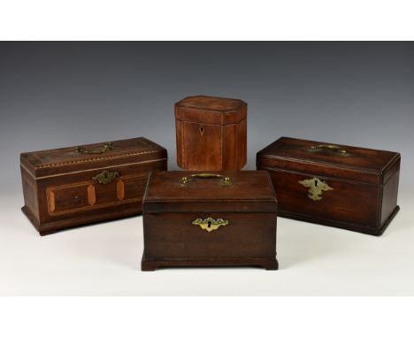 Three George III mahogany tea caddies for restoration, of sarcophagus form, the first with ornate gilt metal handle, inlaid w