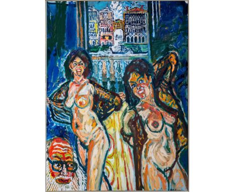 John Bratby, R.A. (British, 1928-1992), 'Gay Girls and The Bridge of Sighs' (with Bratby self portrait lower left) oil on can