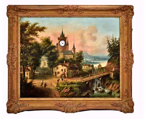 A 19th century French musical picture clock, the twin train clock movement striking the hour and half hour on a gong, the box