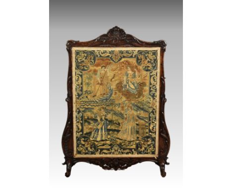 A good 17th century needlework panel, finely worked in petit point stitch, depicting the four elements, within a blue decorat
