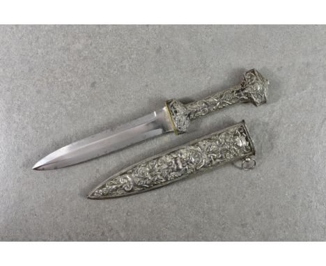 A Victorian cast silver plate dagger and scabbard, later broad double-edged blade, the silver plate hilt and scabbard decorat