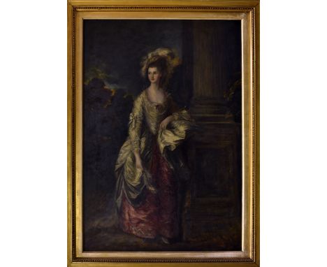 Scottish School (late 19th century), Portrait of a lady, full length, standing beside a portico oil on canvas, inscribed "Mis