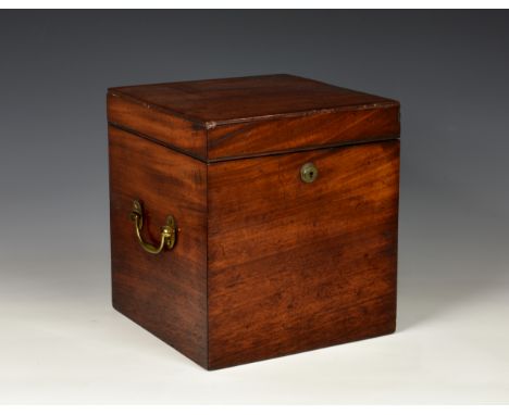 A 19th century four division mahogany decanter box, having brass side carrying handles, the hinged lid opening to reveal baiz