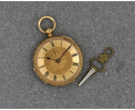 An Edwardian 18ct gold key wind open face fob watch by Mottu of Geneva, with signed gilt lever movement, signed 30mm. gilt di