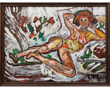 John Bratby, R.A. (British, 1928-1992), " Reclining nude # 1 " oil on canvas, signed 'JOHN BRATBY MAY 1991' lower right, in a