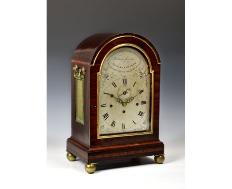 A George IV mahogany and parquetry triple fusee musical bracket clock, by William Jordan of Rickmansworth, the silvered arche