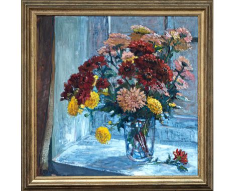 Pat Howells (British, 20th century), 'Chrysanthemums in early light' oil on board, signed and dated 'Pat (19)80' lower left, 