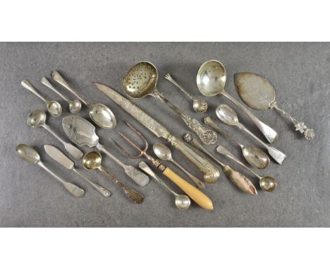 A collection of silver cutlery, comprising a Kings pattern sifter spoon by Josiah Williams &amp; Co., Exeter 1871, 6¼in. (16c