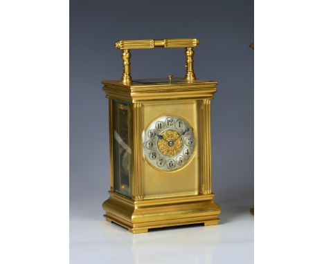 A large 19th century French gilt brass repeating carriage clock, possibly by Couaillet of Saint-Nicholas-d'Aliermont, the Ang