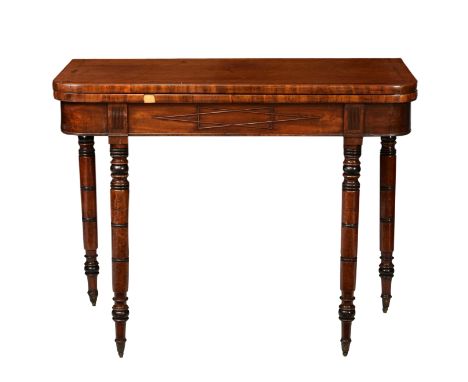A Regency mahogany D-shaped gateleg card table, the kingwood banded top in well figured mahogany, opening on a double gateleg