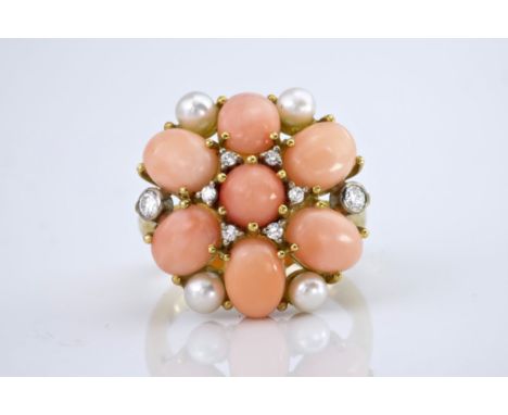 An 18ct yellow gold, coral, pearl &amp; diamond cluster ring, featuring seven oval coral cabochon measuring approximately 8x6