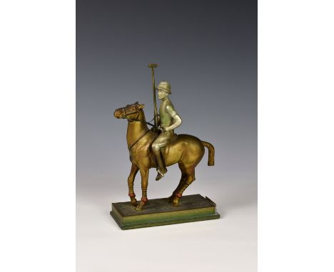 Attributed to Joseph Lorenzl - a rare Art Deco Austrian cold painted spelter polo player table lighter, unsigned, the rider's