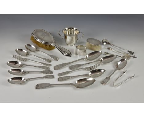 A collection of various silver cutlery, comprising three bright cut fiddle pattern table spoons, various makers and dates to 