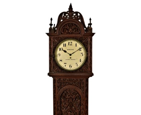 An extremely rare Anglo-Indian carved rosewood single fusee longcase railway timepiece, c.1880, with single fusee four pillar