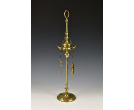 A 19th century Lucerne / Whale oil lamp, of typical form with original tools - wick pick, snuffer and tweezers, 20 3/8in. (51