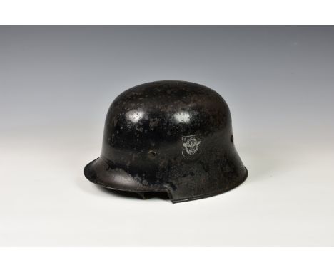 A German Model 1934 Fire Police Double Decal Helmet, satin black finish, some inner workings replaced. 