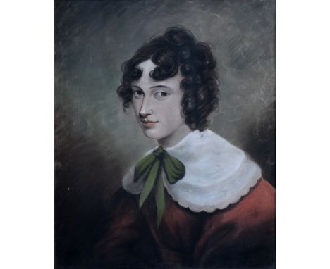 English School (early 19th century), Portrait of a young lady, in a red dress with wide scalloped collar and green neck tie p