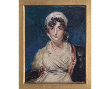 English School (early 20th century), two watercolour on card portrait miniatures of ladies in 19th century costume, both sign