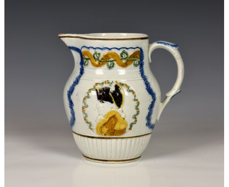 A Duke of York Prattware jug, circa 1793, moulded with profile portrait of Duke of York, the reverse, Louis XVI, His wife and