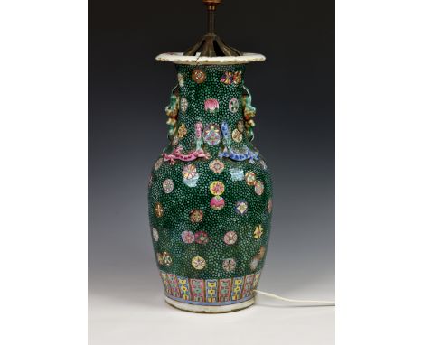 An unusual 19th century Chinese famille rose baluster vase, with later lamp conversion, drilled, polychrome painted with ausp