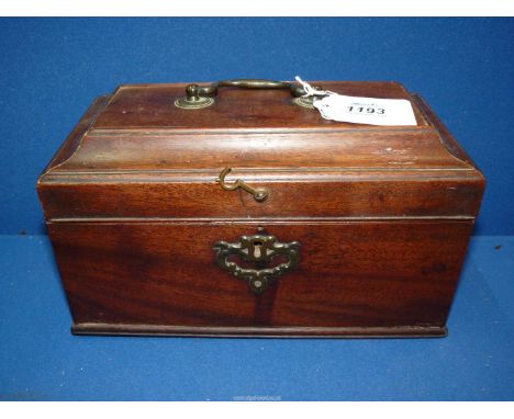A George II mahogany tea caddy with three compartments and containing the original mixing bowl to the centre, the glass cut w